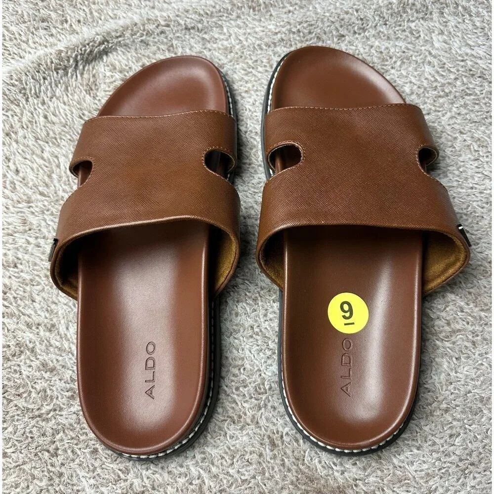 Aldo Mondi Men’s Slide Sandals. PU Leather. Brown. Sz: 9 US. NWOB